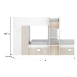 Letto per bambini Cevedale, Cameretta completa con armadio e cassetti, Composizione letto a castello con due lettini singoli, 271x111h150 cm, Bianco e Rovere