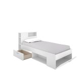Letto per bambini Cristallo, Lettino per cameretta con testiera, Struttura per letto singolo con cassetto e scaffali, 218x99h96 cm, Bianco