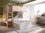Letto per bambini Marmolada, Cameretta completa con armadio e cassetti, Composizione letto a castello con due lettini singoli, 255x112h150 cm, Bianco e Rovere