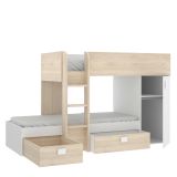 Letto per bambini Marmolada, Cameretta completa con armadio e cassetti, Composizione letto a castello con due lettini singoli, 255x112h150 cm, Bianco e Rovere