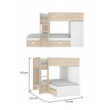 Letto per bambini Marmolada, Cameretta completa con armadio e cassetti, Composizione letto a castello con due lettini singoli, 255x112h150 cm, Bianco e Rovere