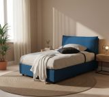 Letto piazza e mezza Claudia, Letto contenitore con rivestimento in tessuto, 100% Made in Italy, Apertura frontale, adatto per materasso Cm 120x200, Blu
