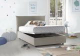 Letto piazza e mezza Creta, Letto contenitore con rivestimento in tessuto, 100% Made in Italy, Apertura frontale, con materasso Cm 120x190 incluso, Beige