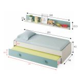Letto singolo Lubbock, Struttura letto per cameretta, Letto con lettino estraibile o cassettone e mensola abbinata, 201x98h43 cm, Bianco e Verde acqua