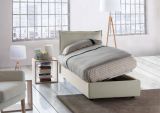 Letto singolo Roberta, Letto contenitore con rivestimento in tessuto, 100% Made in Italy, Apertura laterale, con materasso Cm 80x190 incluso, Beige