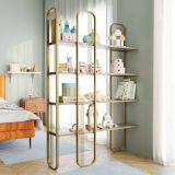Libreria Almena, Scaffale da ufficio, Mobile portalibri, Biblioteca, 125x28h180 cm, Oro