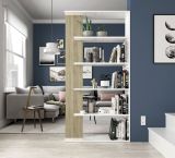 Libreria Columbia, Mobile portalibri bifacciale a 5 ripiani, Scaffale divisorio da ufficio o cameretta, 90x25h180 cm, Bianco e Rovere