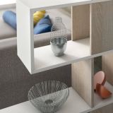 Libreria Hoya, Biblioteca bifacciali a 5 ripiani, Scaffale a zig zag per libri, Mobile da parete con ripiani, 100% Made in Italy, 145x29h145 cm, Bianco e Rovere