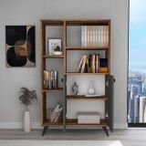 Libreria Marrone Noce Nero Antracite 5 Ripiani 2 Ante 80x25x136h cm, Installazione Libera - Taggia