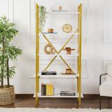 Libreria Martone, Scaffale da ufficio, Mobile portalibri, Biblioteca, 90x34 h180 cm, Bianco e Oro