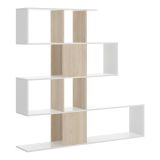 Libreria Moneglia, Scaffale da ufficio multiuso, Mobile biblioteca portalibri a 4 ripiani, 145x29h145 cm, Bianco lucido e Rovere