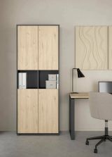 Libreria Roseline, Scaffale da ufficio, Mobile portalibri, Biblioteca, 34x80 h205 cm, Rovere e Grigio