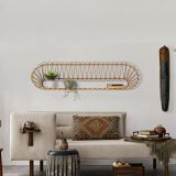 Mensola Marrone Rovere un Ripiano Finiture in Rattan Intrecciato 162x28x44h cm, Sfumatura Colore Struttura Rovere - Dalofamo