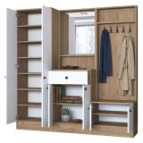 Mobile da Ingresso Bianco Marrone Noce Specchio Incluso Appendiabiti 179x36x183h cm, 11 Ripiani - Elmas