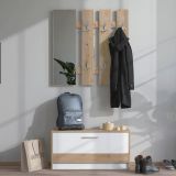 Mobile da Ingresso Bianco Marrone Rovere Nodi Specchio Incluso 3 Ripiani 91.5x28x202h cm, Appendiabiti - Viggiano