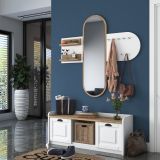 Mobile da Ingresso Bianco Marrone Rovere Specchio Incluso 5 Ripiani 120x40x45h cm, Appendiabiti - Crespino
