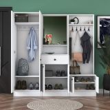 Mobile da Ingresso Bianco Nero Specchio Incluso Appendiabiti 179x37x183h cm, 7 Ripiani - Manzano