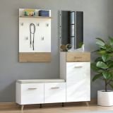 Mobile da Ingresso Bianco Opaco Marrone Rovere Nodi Specchio Incluso un Cassetto 141x35x189.5h cm, 6 Ripiani - Longa