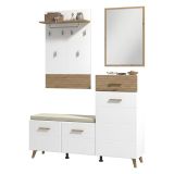 Mobile da Ingresso Bianco Opaco Marrone Rovere Nodi Specchio Incluso un Cassetto 141x35x189.5h cm, 6 Ripiani - Longa