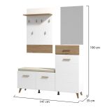 Mobile da Ingresso Bianco Opaco Marrone Rovere Nodi Specchio Incluso un Cassetto 141x35x189.5h cm, 6 Ripiani - Longa