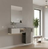 Mobile da ingresso Calella, Entratina sospesa, Mobile da parete con specchio, Svuota tasche da ingresso con cassetto e specchio, 100x27h75 cm, Cemento, Bianco