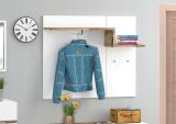 Mobile da ingresso Ezio, Entratina moderna multifunzione, Armadietto multiuso per atrio, 100% Made in Italy, cm 120x30h100, Bianco lucido e Acero