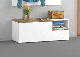 Mobile da ingresso Flavio, Entratina moderna multifunzione, Armadietto multiuso per atrio, 100% Made in Italy, cm 120x40h54, Bianco lucido e Acero