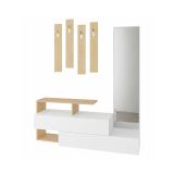 Mobile da ingresso Himalia, Entratina moderna, Appendiabiti da parete, Consolle portaoggetti multifunzione, 137x35h55 cm, Bianco e Rovere
