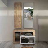 Mobile da Ingresso Marrone Rovere Bianco Lucido Specchio Incluso Appendiabiti 90.5x36x170h cm, 4 Paia - Casalino