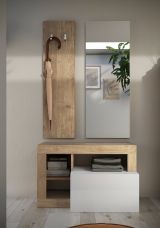 Mobile da Ingresso Marrone Rovere Bianco Lucido Specchio Incluso Appendiabiti 90.5x36x170h cm, 4 Paia - Casalino