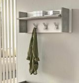 Mobile da ingresso Narciso, Mobile appendiabiti con 3 ganci, Mensola portaoggetti da ingresso, 100% Made in Italy, 90x29h34 cm, Bianco e Cemento