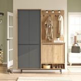 Mobile da Ingresso Nero Antracite Marrone Rovere 12 Ripiani Appendiabiti 147x36x196h cm, 4 Ante - Tignale