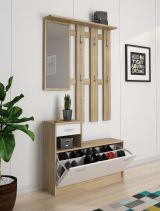 Mobile da ingresso Sargassi, Entratina appendiabiti, Composizione per atrio, Consolle portaoggetti multifunzione, 100x26h190 cm, Bianco e Rovere