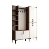 Mobile da ingresso Sponde, Entratina appendiabiti, Composizione per atrio, Consolle portaoggetti multifunzione, 150x35 h200 cm, Noce e Bianco