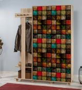 Mobile da ingresso Terpsi, Entratina moderna, Appendiabiti da parete, Consolle portaoggetti multifunzione, 135x36h194 cm, Quercia e Multicolore