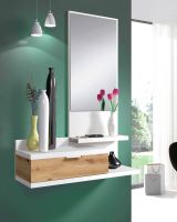 Mobile da ingresso Tijuana, Entratina con specchio e cassetto, Svuotatasche per atrio di piccoli appartamenti, 81x29h116 cm, Bianco e Rovere nodi
