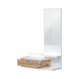 Mobile da ingresso Tijuana, Entratina con specchio e cassetto, Svuotatasche per atrio di piccoli appartamenti, 81x29h116 cm, Bianco e Rovere nodi