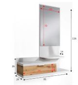 Mobile da ingresso Tijuana, Entratina con specchio e cassetto, Svuotatasche per atrio di piccoli appartamenti, 81x29h116 cm, Bianco e Rovere nodi