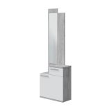 Mobile da ingresso Waltham, Scarpiera multifunzione con specchio, Armadio a 1 anta e 1 cassetto, 61x28h185 cm, Cemento e Bianco lucido