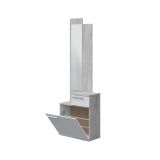 Mobile da ingresso Waltham, Scarpiera multifunzione con specchio, Armadio a 1 anta e 1 cassetto, 61x28h185 cm, Cemento e Bianco lucido