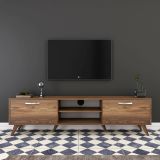Mobile porta TV Aldh, Supporto per televisione da salotto, Credenza bassa da soggiorno, Base porta TV, 180x35h49 cm, Noce