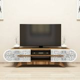 Mobile porta TV Alud, Supporto per televisione da salotto, Credenza bassa da soggiorno, Base porta TV, 145x37h37 cm, Noce e Bianco