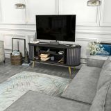 Mobile porta TV Aludra, Supporto per televisione da salotto, Credenza bassa da soggiorno, Base porta TV, 140x43h64 cm, Nero e Antracite