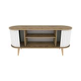 Mobile porta TV Aludra, Supporto per televisione da salotto, Credenza bassa da soggiorno, Base porta TV, 140x43h64 cm, Quercia e Bianco