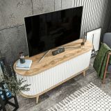 Mobile porta TV Aludra, Supporto per televisione da salotto, Credenza bassa da soggiorno, Base porta TV, 140x43h64 cm, Quercia e Bianco
