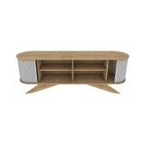 Mobile porta TV Aludra, Supporto per televisione da salotto, Credenza bassa da soggiorno, Base porta TV, 180x43h60 cm, Quercia e Bianco