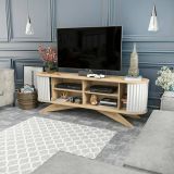 Mobile porta TV Aludra, Supporto per televisione da salotto, Credenza bassa da soggiorno, Base porta TV, 180x43h60 cm, Quercia e Bianco