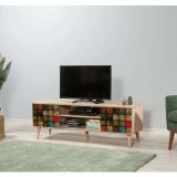 Mobile porta TV Amalthea, Supporto per televisione da salotto, Credenza bassa da soggiorno, Base porta TV, 140x40h50 cm, Quercia e Multicolore