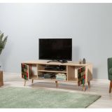 Mobile porta TV Amalthea, Supporto per televisione da salotto, Credenza bassa da soggiorno, Base porta TV, 140x40h50 cm, Quercia e Multicolore
