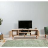 Mobile porta TV Amalthea, Supporto per televisione da salotto, Credenza bassa da soggiorno, Base porta TV, 140x40h50 cm, Quercia e Multicolore
